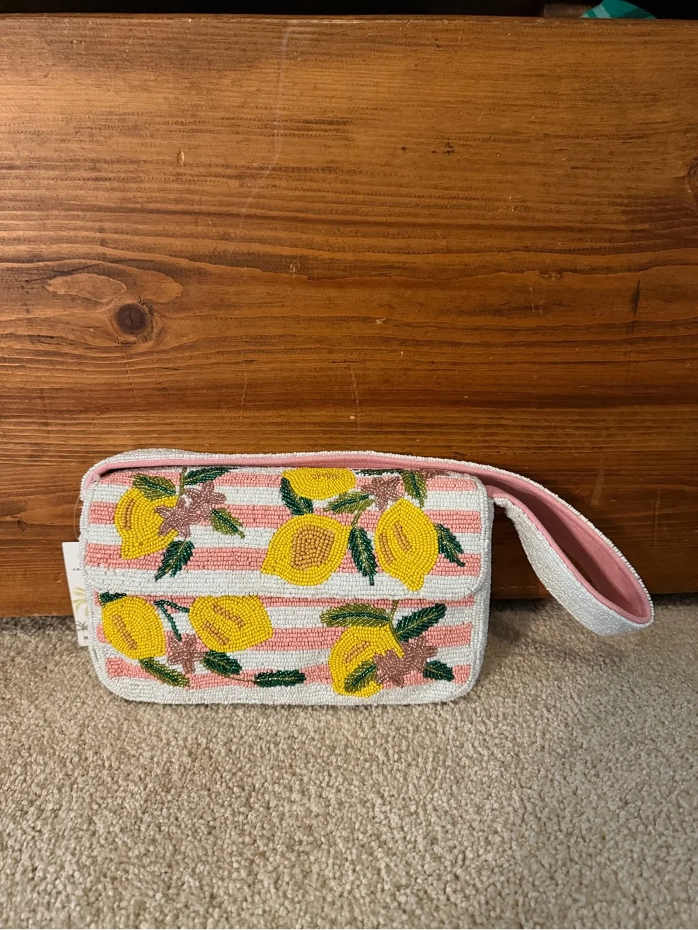 Beaded Lemon Pattern Shoulder Bag in Pink and Yellow - Picture 1 of 8